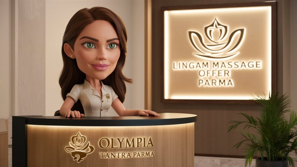 Scopri l'accogliente reception di 'Olympia Tantra Parma', dove una massaggiatrice atletica con lunghi capelli marroni e occhi verdi ti invita a provare l'esclusivo 'Massaggio Lingam'. Un'atmosfera rilassante e professionale ti aspetta per un'esperienza di benessere unica
